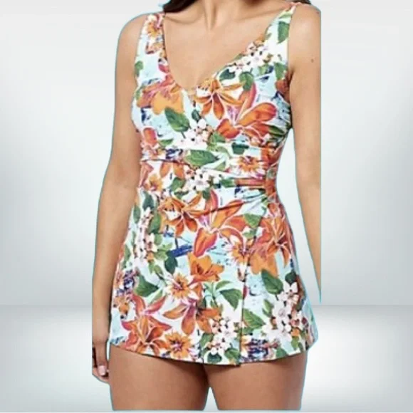 Denim & Co V-Neck Wrap Front Swim Dress Bright Tropical Size 10 New - Picture 1 of 11